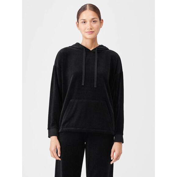 Eileen Fisher Tops - NWOT Eileen Fisher Sz Large Black Cozy Velour Knit Hooded Boxy Pullover Top